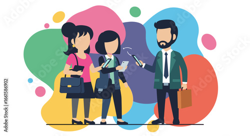 Business professionals exchanging information via smartphones, representing modern digital communication, networking, and technology in a vibrant, illustrative style.