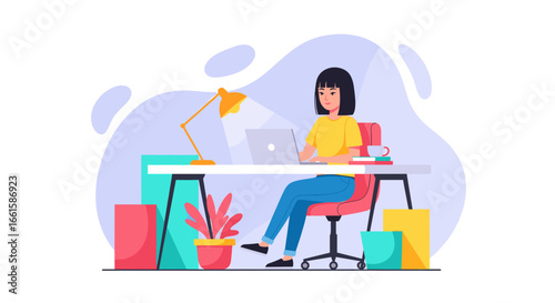 A focused woman works remotely on her laptop at a modern desk, embodying productivity, remote work, and modern business. Ideal for lifestyle, education, or freelance concepts.