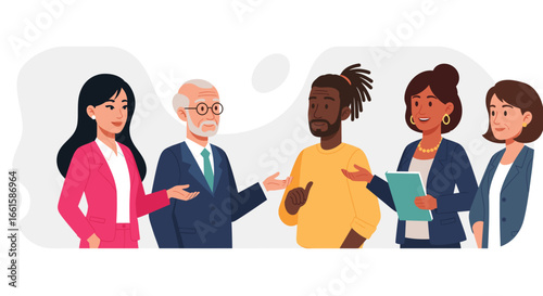 Diverse group of professionals collaborating and discussing ideas in a modern business setting, illustrating teamwork and communication.