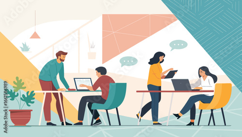 Diverse team of professionals collaborating and working productively in a modern, vibrant office or co-working space. Ideal for business, technology, and lifestyle concepts.