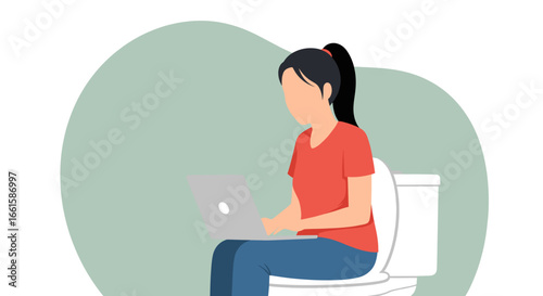 A person uses a laptop while sitting on a toilet, illustrating remote work, multitasking, or being constantly connected.