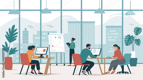 Diverse business professionals collaborate and work efficiently in a modern, light-filled open-plan office, fostering productivity and teamwork.