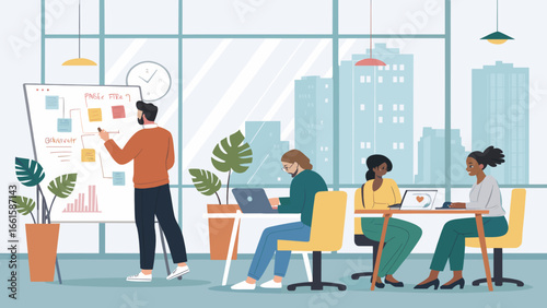 Diverse business team collaborating in a modern office. Man presenting on whiteboard while others work on laptops, depicting teamwork, innovation, and a dynamic urban workspace.