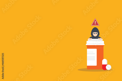 Fake medicine. Pill and tablet with criminal selling illegal drugs. Fake drugs, pharmaceutical. Symbolic for harmful counterfeit pills, risk and danger of illegal produced and sold pharmaceuticals.