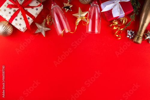 Happy New Year Holiday Party background with Champagne glass and bottle
