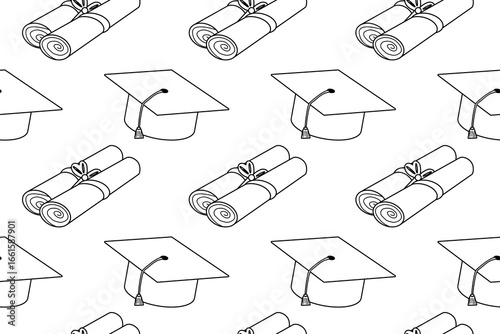 Coloring page of vector seamless pattern with graduation caps and diplomas. For entertaining kids, back to school or education black and white printable design, DIY craft activity, educational concept