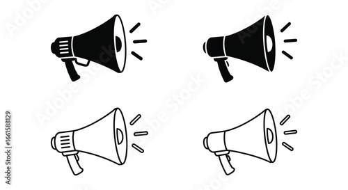 A set of four different megaphone illustrations in black and white