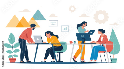 Diverse team collaborates diligently in a modern office, focusing on tasks and overcoming challenges. Illustrates teamwork, productivity, and professional life.