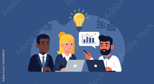 Diverse business team collaborating on project, analyzing data, and generating new ideas. Ideal for corporate strategy and teamwork concepts.