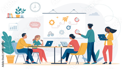 Diverse business team collaborates on a strategic project, discussing innovation and growth in a modern office setting. Ideal for corporate development and teamwork concepts.