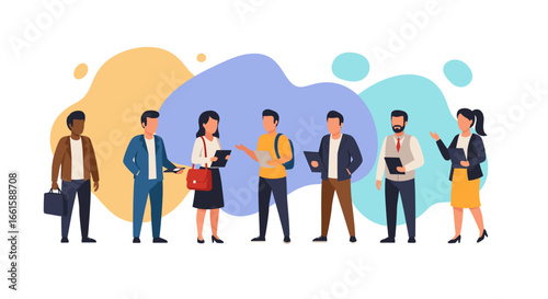 Diverse professionals and students collaborate, communicate, and learn. Represents teamwork, networking, business, and education concepts.