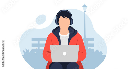 Person in headphones using a laptop outdoors, highlighting remote work, digital learning, or leisure in an urban park setting. Ideal for modern lifestyle and technology themes.
