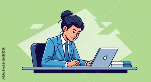 Professional business person focused on work at a desk with a laptop. Illustrates productivity, remote work, or corporate tasks.