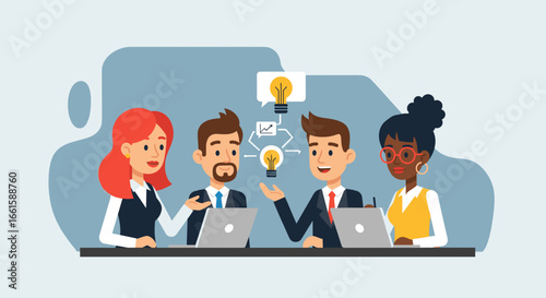 Diverse business team collaborating in a meeting, brainstorming new ideas and sharing innovative concepts. Ideal for business, teamwork, and strategy.