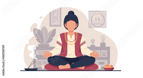 Person meditating peacefully in traditional attire, promoting calm, mindfulness, and spiritual wellness. Ideal for health, lifestyle, and culture themes.