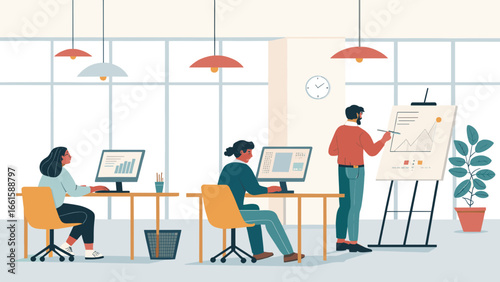 Productive team in a contemporary office setting, engaged in data analysis on computers and a dynamic business presentation on a flipchart, ideal for corporate themes.