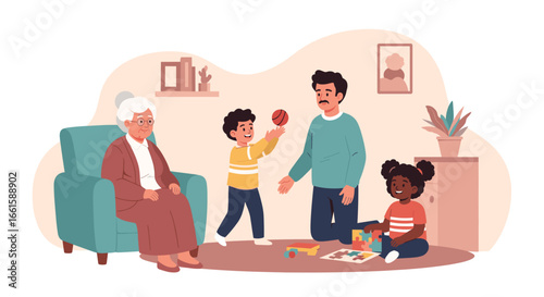 Joyful multi-generational family bonding at home. Children play, adults observe, showcasing togetherness and intergenerational connection.