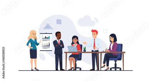 Diverse business team collaborating in a meeting, analyzing charts and discussing strategy in a modern office environment. Professional collaboration for growth.