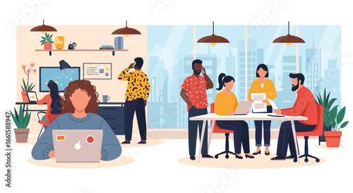 Diverse professionals collaborate and work productively in a modern, dynamic office environment with city views. Ideal for business, teamwork, and startup concepts.