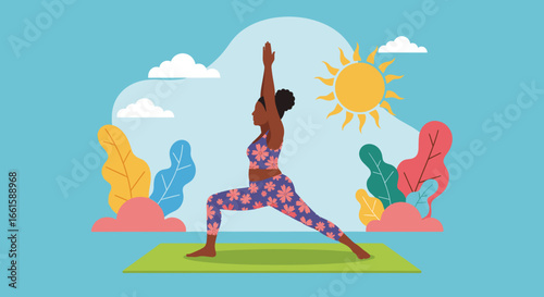 Woman practicing warrior yoga pose outdoors under the sun, promoting wellness, balance, and a healthy lifestyle. Ideal for fitness and self-care concepts.