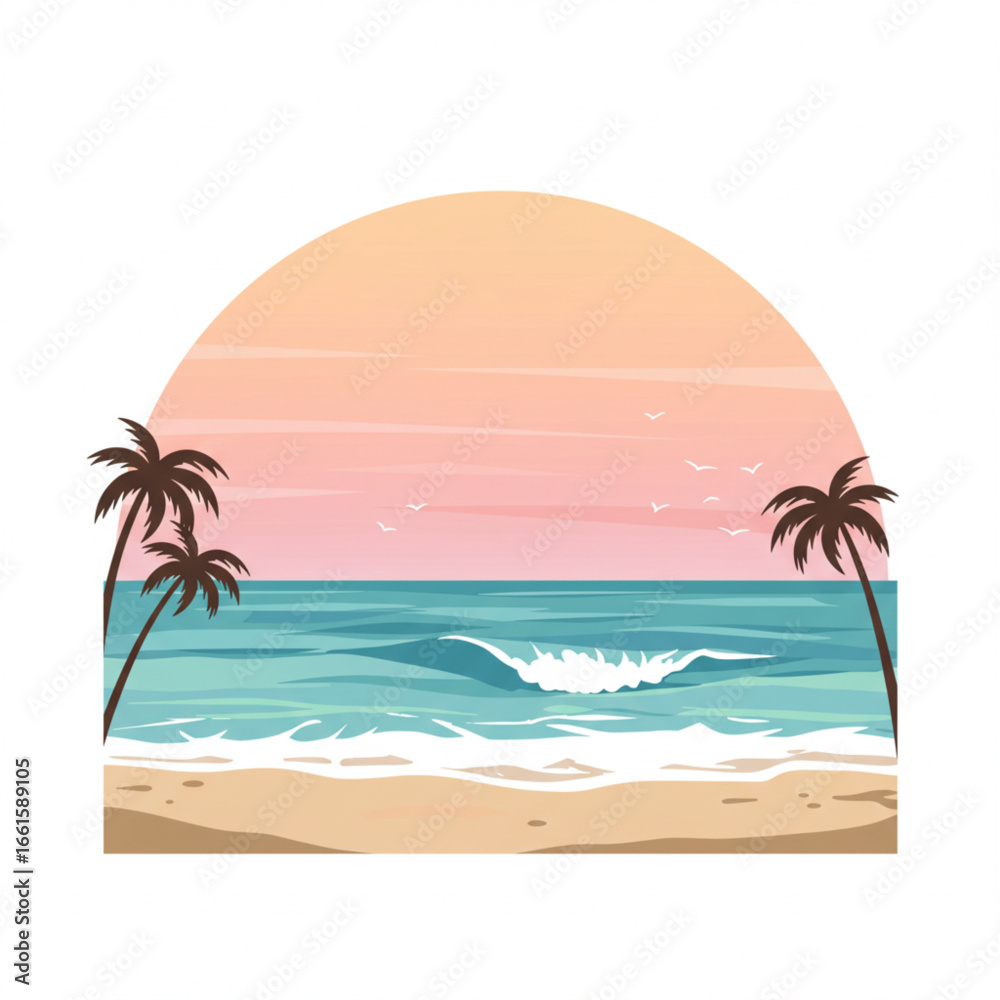 Fototapeta premium Tropical beach scene with palm trees, ocean waves and sunset sky background
