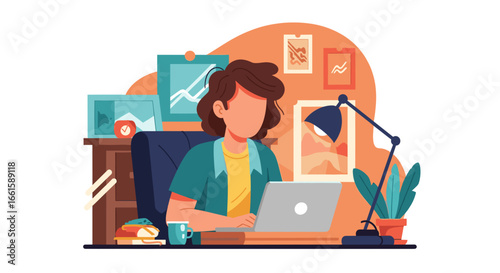 A person works diligently on a laptop at a home office desk, surrounded by decorative elements, representing modern remote work and productivity.