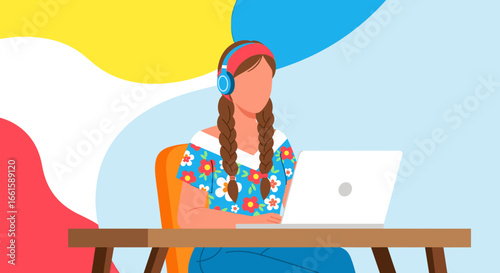 Young woman in headphones focuses on her laptop, embodying remote work, online learning, or digital lifestyle with a vibrant, modern background.