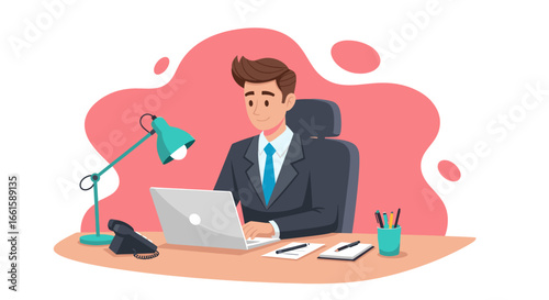 Professional businessman working diligently on his laptop at an office desk, illustrating productivity, remote work, and corporate success.
