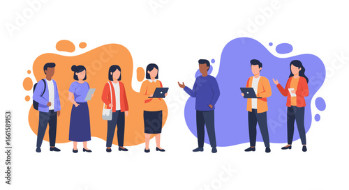 Diverse professionals collaborate and communicate, utilizing technology for teamwork and problem-solving. Ideal for business, education, or modern lifestyle concepts.