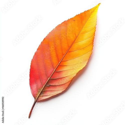 Single autumn leaf, vibrant red-orange gradient, isolated on white