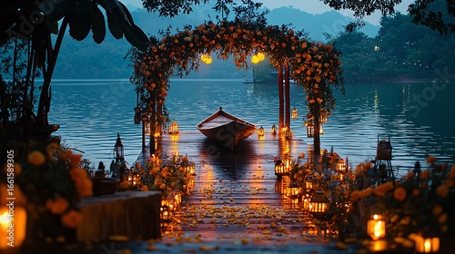 Romantic waterside wedding scene