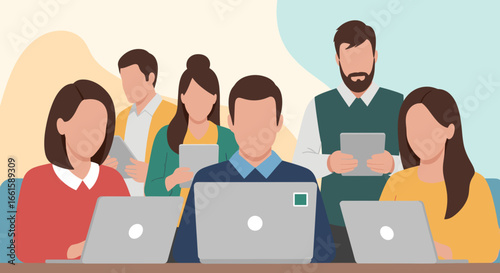 Diverse team of professionals collaborating with laptops and tablets in a modern office setting, representing teamwork, productivity, and digital work.