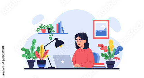 Young woman working comfortably on a laptop in her plant-decorated home office, embodying modern remote work and digital productivity.
