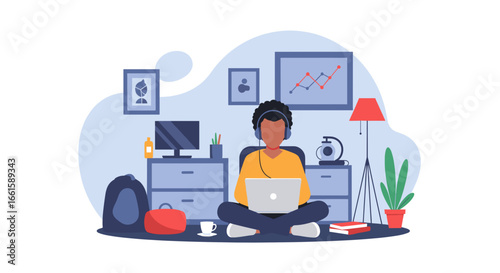 An individual comfortably working on a laptop from home, embodying concepts of remote jobs, online study, and a contemporary lifestyle.