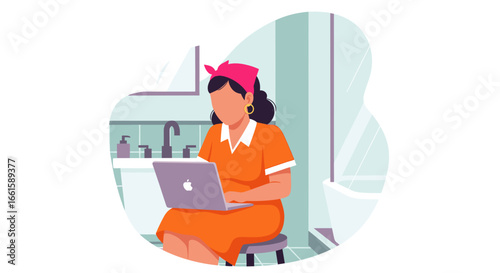 A woman in a headscarf and orange dress works on a laptop in a bathroom, representing remote work, multitasking, and a flexible modern lifestyle.