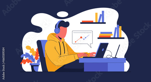 Person with headphones diligently working on a laptop at a desk, surrounded by books and a plant. Represents remote work, online learning, or data analysis.