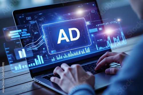 Wallpaper Mural Digital Advertising Campaign with Low Feedback on Laptop Screen Displaying AD Text and Data Charts for Marketing and Business Growth Strategy Torontodigital.ca