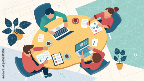 Overhead view of a diverse business team collaborating on laptops and documents, fostering teamwork and strategic development in a modern office environment.