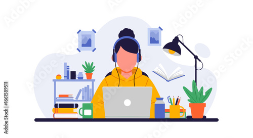 Person in headphones working or studying on a laptop at a home desk, illustrating concepts of remote work, online learning, and productivity.