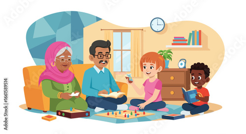 Happy diverse multi-generational family enjoying quality time together at home, playing board games and reading. Ideal for lifestyle, education, and family bonding concepts.