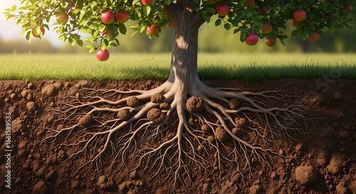 Detailed View of Apple Tree Roots and Soil
