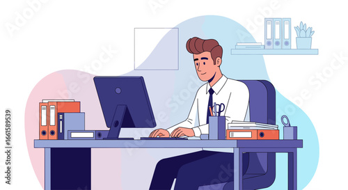 Professional man diligently working on his computer at an organized office desk, embodying productivity and a modern business environment.
