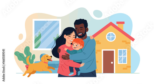 Happy, diverse family embracing in front of their new home with a playful dog, symbolizing love, security, and a joyful domestic lifestyle.