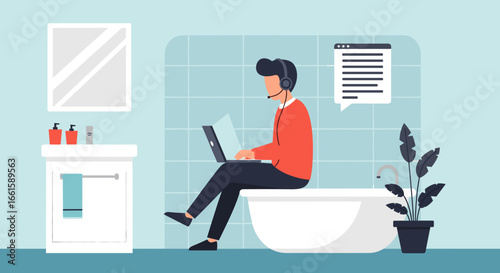 Dedicated person working on a laptop from a bathtub with a headset, showcasing remote work, work-from-home, and flexible office solutions.