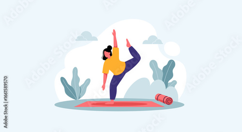 Woman practicing yoga in a balanced pose on a mat, demonstrating healthy lifestyle, mindfulness, and fitness. Ideal for wellness, exercise, and mental well-being themes.
