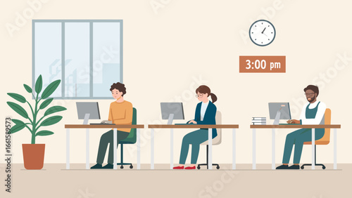 Diverse team members diligently work on computers in a modern office environment at 3 PM. Ideal for business, productivity, and professional lifestyle concepts.
