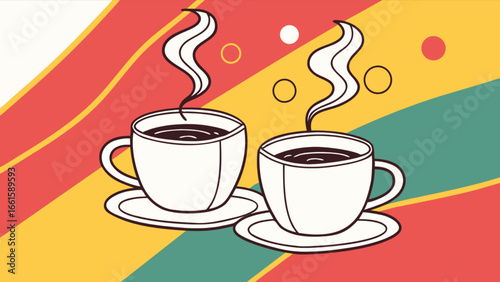 Two steaming coffee cups on saucers with colorful retro background and circle decorations design