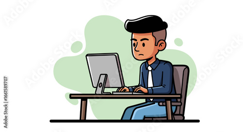 Focused professional working intently at a computer desk. Captures productivity, remote work, business operations, and technology use in a corporate setting.