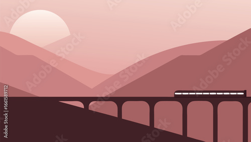 Minimalist train crossing scenic bridge silhouette at sunset vector illustration eps