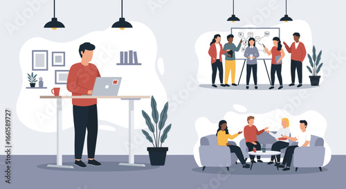 Diverse professionals working, collaborating, and discussing in a modern office environment. Represents teamwork, productivity, and contemporary business lifestyle.